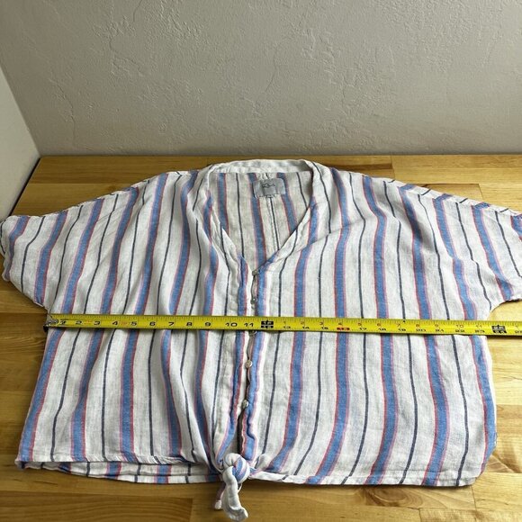 Rails Thea Tahiti Stripe Shirt White Blue V Neck Short Sleeve Tie Front Sz Large - Picture 10 of 11